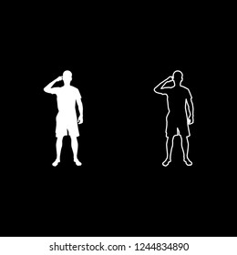 Man pointing at the temple with a finger silhouette front view Need thinking concept icon outline set white color