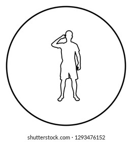 Man pointing at the temple with a finger silhouette front view Need thinking concept icon black color outline vector illustration flat style simple image in circle round