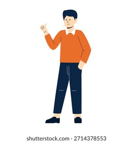 hombre que apunta los pulgares a sí mismo con la ilustración alegre de la sonrisa, hombre de negocios sonriente que da los pulgares para arriba, pose segura y exitosa.