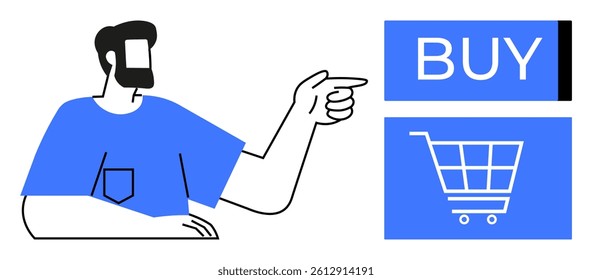 Man pointing towards a Buy button with a shopping cart icon, suggesting e-commerce interaction. Ideal for online shopping, retail marketing, e-commerce platforms, digital advertisements, consumer