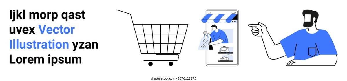 Man pointing towards a mobile app and a shopping cart. Ideal for themes of online shopping, mobile apps, digital marketing, user experience, and ecommerce. Banner for landing page