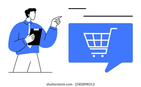 Man pointing towards shopping cart symbol inside speech bubble while holding clipboard. Ideal for e-commerce, presentations, online shopping, digital marketing, retail strategies, business