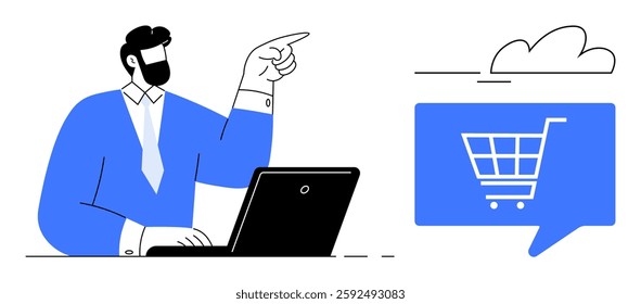 Man pointing towards shopping cart icon represents e-commerce, online shopping, digital marketing, internet business. Ideal for e-commerce, digital marketing, web development, online business