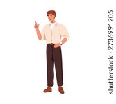 Man pointing up. Happy smiling young male, business character, showing, indicating up with finger, hand gesture. Office worker, employee speaking. Flat vector illustration isolated on white background