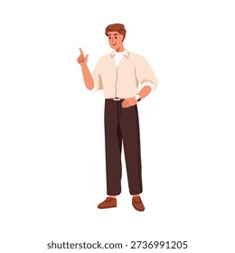 Man pointing up. Happy smiling young male, business character, showing, indicating up with finger, hand gesture. Office worker, employee speaking. Flat vector illustration isolated on white background