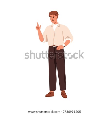 Man pointing up. Happy smiling young male, business character, showing, indicating up with finger, hand gesture. Office worker, employee speaking. Flat vector illustration isolated on white background
