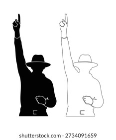 Man, pointing, up, hat, gesture, figure, person