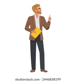 Hombre apuntando hacia arriba, persona pensando mostrando Ilustración vectorial del dedo índice