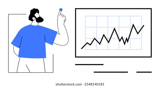 Hombre apuntando hacia arriba el gráfico en una pantalla. Ideal para la planificación de negocios, análisis de mercado, presentaciones, estrategias de crecimiento, informes financieros. Estilo limpio y minimalista