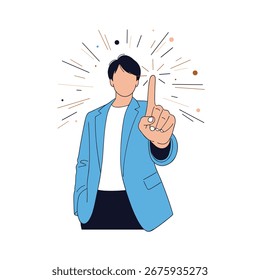 Homem apontando para cima mostrando o primeiro lugar motivação realização e ilustração conceito de sucesso