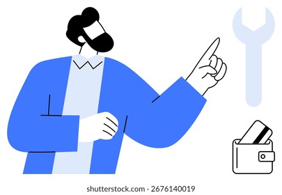 Man pointing upwards towards a spanner and wallet with credit cards. Ideal for financial management, online banking, repair costs, budgeting, financial planning, online shopping themes. Line metaphor