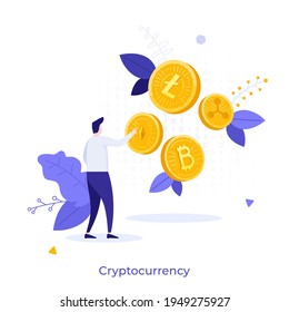 Man pointing at various golden crypto coins. Concept of cryptocurrencies, bitcoin and altcoins, digital currencies based on blockchain technology. Modern flat colorful vector illustration for poster.