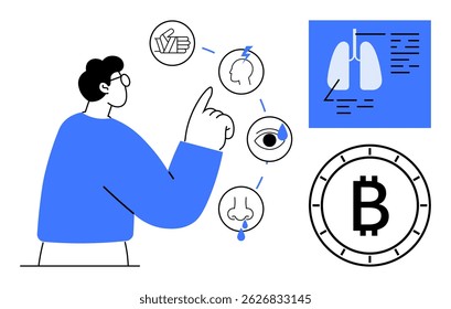 Man pointing to various icons including the brain, lungs, eye, and bitcoin symbol. Ideal for healthcare, technology, finance, education, digital transformation, data analysis, innovation themes. Line