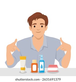 Man pointing at various skincare products, suggesting a skincare routine or product recommendation. Flat vector illustration isolated on white background