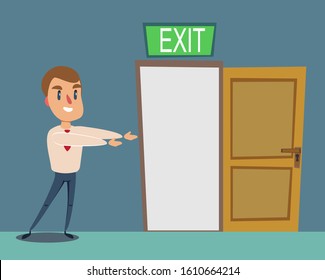 Man pointing with the the way out. Vector flat design illustration.