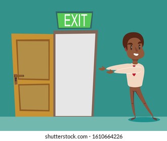 Man pointing with the the way out. Vector flat design illustration.