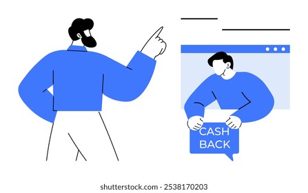 Um homem apontando para um site com uma mensagem de cash-back exibida. Ideal para compras on-line, finanças, e-commerce, dicas de economia de dinheiro, web design. Estilo vetorial moderno simples em azul e preto