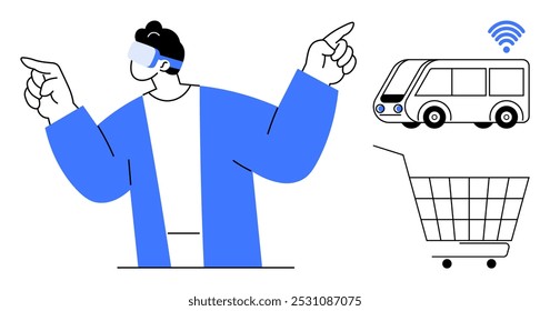 Man pointing while wearing a VR headset, with a smart bus and a shopping cart beside him. Ideal for technology, navigation, virtual reality, smart transportation, e-commerce, innovative design