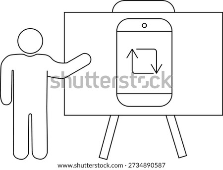 Man pointing to a whiteboard with a mobile phone and refresh arrows on it