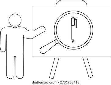 Mann zeigt auf Whiteboard mit Stift unter Lupe