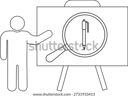 Man pointing to whiteboard with pen under magnifying glass