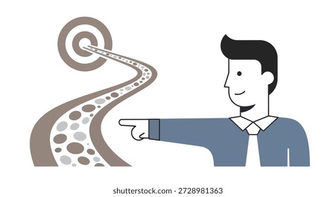 Man pointing at a winding path leading to a target with concentric circles