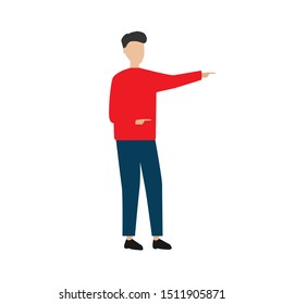 The man points ahead. Flat cartoon character isolated on white background