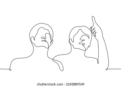 man points up to another and both look up - one line drawing vector. concept point up