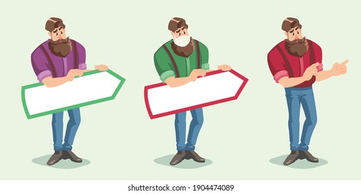 Man points with an arrow for advertising and with fingers.