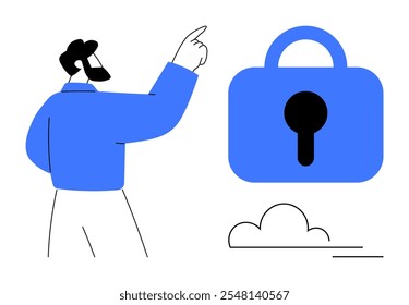A man points to a blue security lock symbol accompanied by a cloud graphic. Ideal for internet security, data protection, cloud storage, privacy, and technology themes. Simple clean modern style