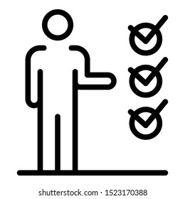 Man points to checkboxes icon. Outline man points to checkboxes vector icon for web design isolated on white background