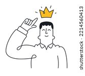 Man points to the crown above his head. Concept of positive self esteem, success, leadership, Outline, linear, thin line, doodle art. Simple style with editable stroke.
