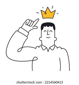 Man points to the crown above his head. Concept of positive self esteem, success, leadership, Outline, linear, thin line, doodle art. Simple style with editable stroke.