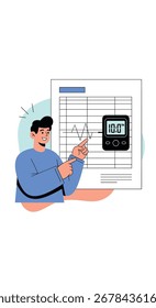 A man points to a digital thermometer reading on a wall.