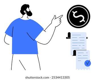 Un hombre apunta a un signo de dólar con una Factura cerca. Ideal para temas de finanzas, planificación presupuestaria, contabilidad, facturación y educación económica. Estilo plano simple con colores azul y negro