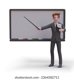 Man points to empty blackboard and reads text from notebook. Public speaking, presentation. Mockup for web design. Learning concept. Business project. Advertising composition