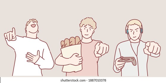 Man points a finger. Hand drawn style vector design illustrations.