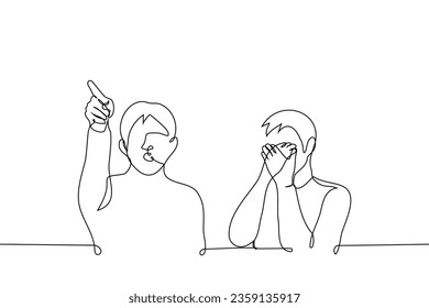 man points finger somewhere up and other puts his palms to mouth in shock - one line art vector. concept of interest in seeing something shocking, frightening, outrageous, UFO