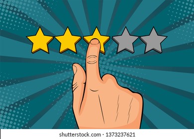 Man Points Finger At The Star, Puts Rating, Recalls As A Golden Stars. Colorful Illustration In Pop Art Retro Comic Style