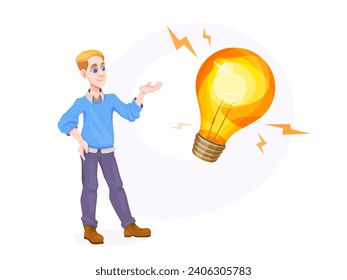 El hombre señala una bombilla brillante. Concepto de presentación de ideas. Bonita ilustración de interfaz de usuario vectorial para su negocio.