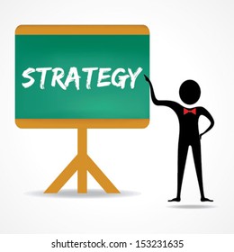 Man points to handwritten strategy with chalk on the board stock vector