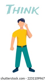 El hombre señala la cabeza con la mano. El concepto de tomar la decisión correcta. La palabra piensa está indicada en la parte superior. Ilustración plana vectorial. 
