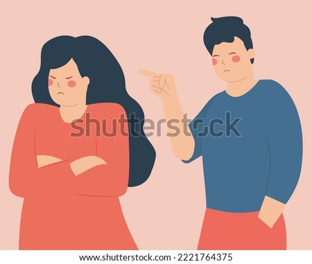 Man points his finger at an angry and upset woman. husband blames and criticizes his annoyed wife. illustration of breakup and divorce. Concept of couple breakup, verbal assault and disagreement.