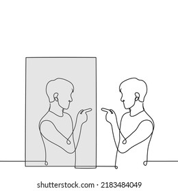 man points his finger at his reflection in the mirror    one line drawing vector  concept self  confidence; self  accusation; self  flagellation