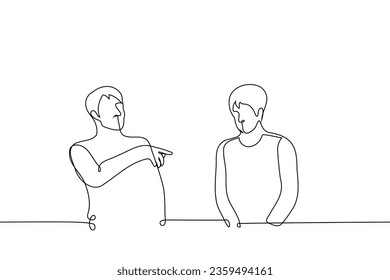 man points his finger at a shy man standing next to him - one line art vector. concept to embarrass, blame, draw attention to a shy person