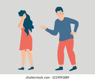 Man points his finger at a woman, criticizes and blames her. Female covers her ears due to accusations. Stop violence, bullying and abuse against women. Concept of verbal assault between couple.