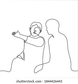 man points his hand to another. one line drawing of a man discussing one of whom raised his hand and directed it somewhere side
