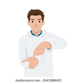 Man points at his palm with a serious expression, symbolizing urgency or request for clarification. Flat vector illustration isolated on white background
