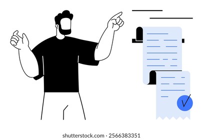 A man points at a long document with a checkmark, indicating approval or completion. Ideal for business, planning, organization, documentation, and task management. Flat vector style