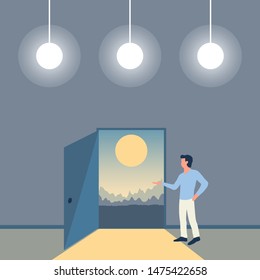A man points to an open door behind which is a bright sunny mountain landscape. Mentor in a room with chandeliers and the way to achieve goals and a happy life. Flat vector template in cartoon style.